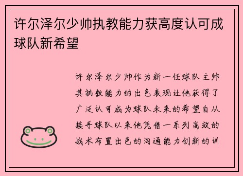 许尔泽尔少帅执教能力获高度认可成球队新希望